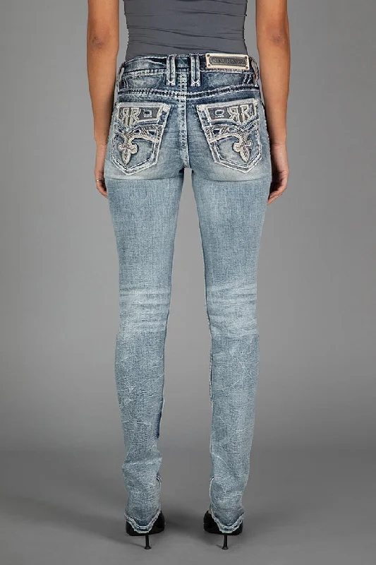 women's denim jeans with leather patchesJOELLE STRAIGHT JEANS