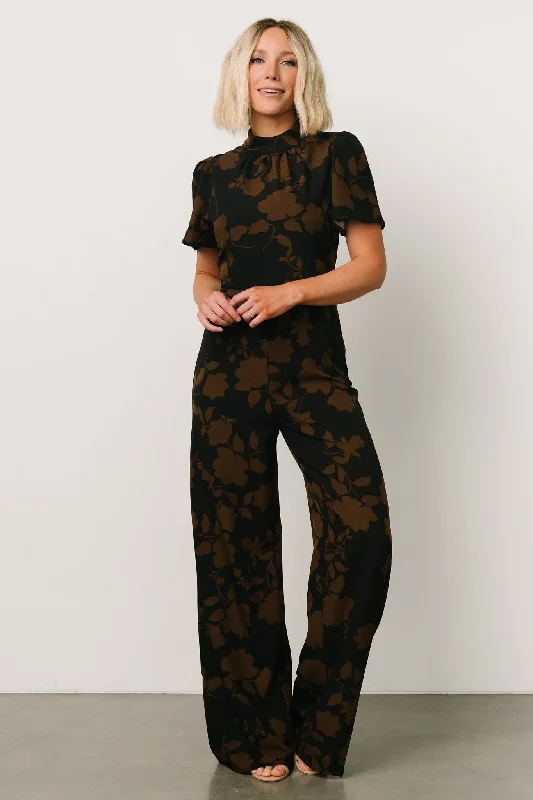 women's jumpsuits with self-ties at the waistLangham Mock Neck Jumpsuit | Espresso Print