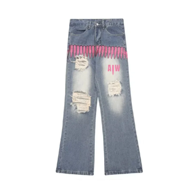 women's blue denim jeansArt In War Embroidered Bullet Jeans