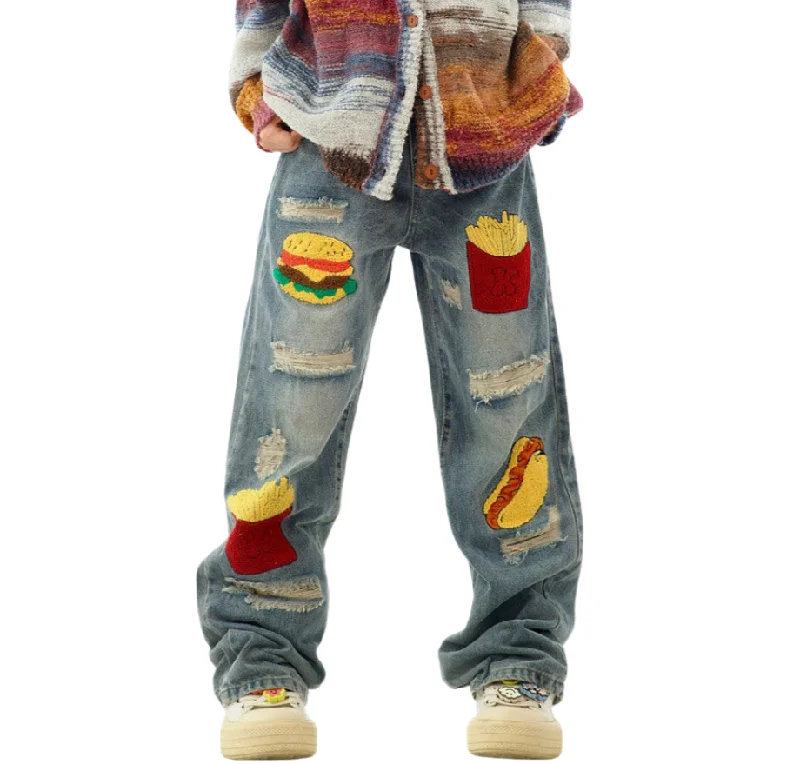 women's denim jeans with fake pocketsAmerican Hamburger Fries Embroidered Jeans