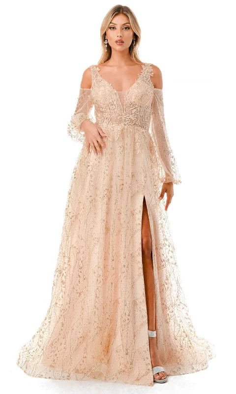 women's machine-washable dressesTrevi Collection L2772T - Glitter Cold Shoulder Evening Gown