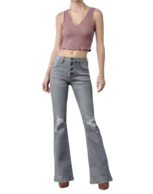 women's denim jeans with adjustable waistbandsHarlowe Mid Rise Flare Jean In Light Grey