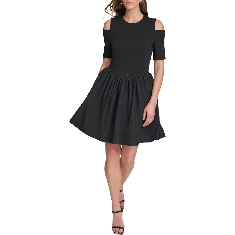 women's solid color dressesWomens Mini Cold Shoulder Fit & Flare Dress