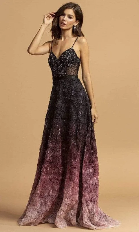 women's flutter-sleeved dressesTrevi Collection - L2224 Beaded V-Neck A-Line Evening Dress