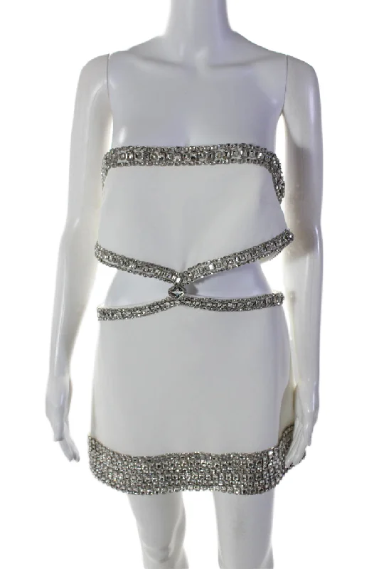 women's wrap dressesRetrofete Womens Back Zip Strapless Cut Out Crystal Mini Dress White