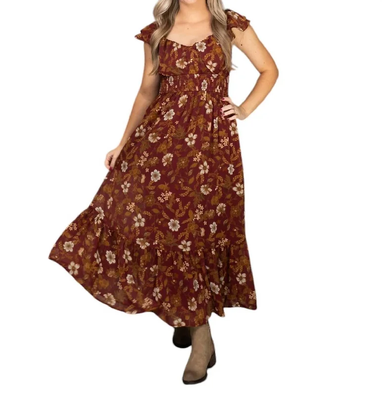 women's tall dressesFloral Ruffle Short Sleeve Back Tie Midi Dress In Burgundy