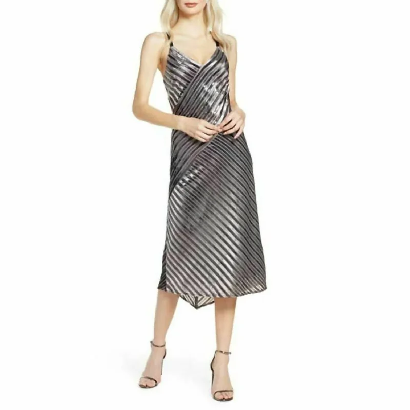 women's apple-shaped body dressesMetallic Stripes V Neck Cocktail Slip Midi Dress In Gray