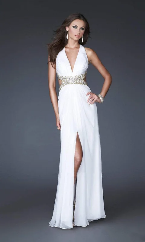 women's high-end dressesLa Femme - 16100 Gold Strap Crisscross Back Halter Style Evening Gown