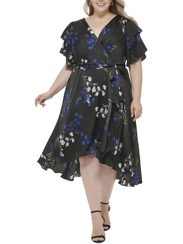 women's bow dressesPlus Womens Floral Midi Wrap Dress