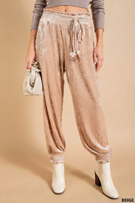 women's cotton pantsCrinkle Velvet Jogger - Beige