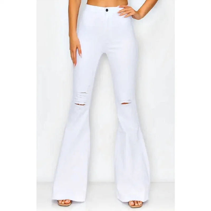 women's flare pantsDistressed High Waist Bell Pants In White