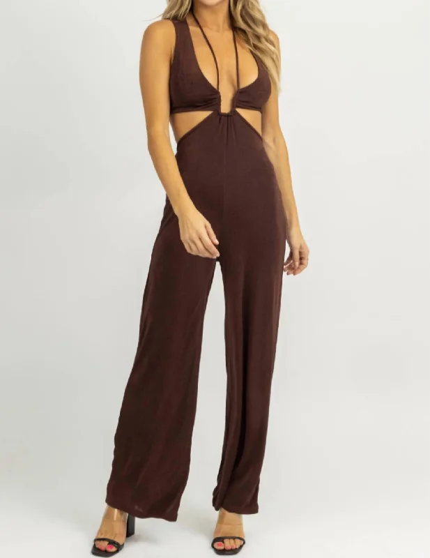 women's cargo pantsHalter Tie Sleeveless Jumpsuit In Chocolate