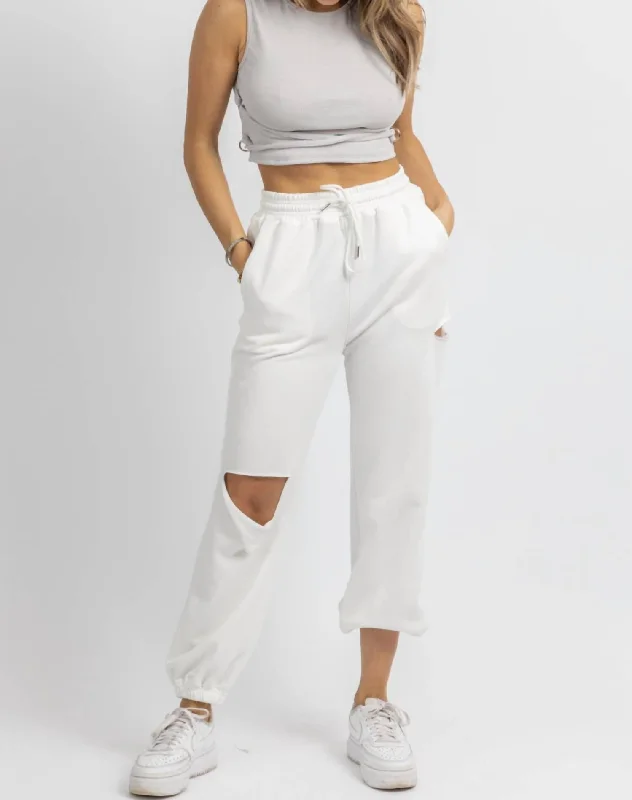 women's cashmere pantsMarble Ripped Drawstring Jogger In White