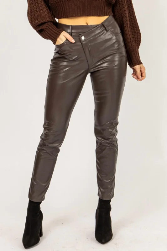 women's denim pantsVegan Leather Asymmetric Pants In Brown