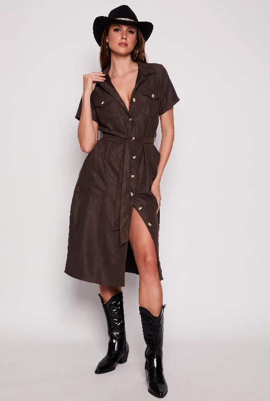 women's plus-size dressesTie Waist Belted Button Down Shirt Dress