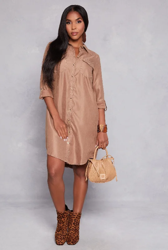 women's solid color dressesTabbed Sleeve Button Down Shirt Dress