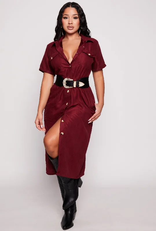 women's metallic dressesTie Waist Belted Button Down Shirt Dress