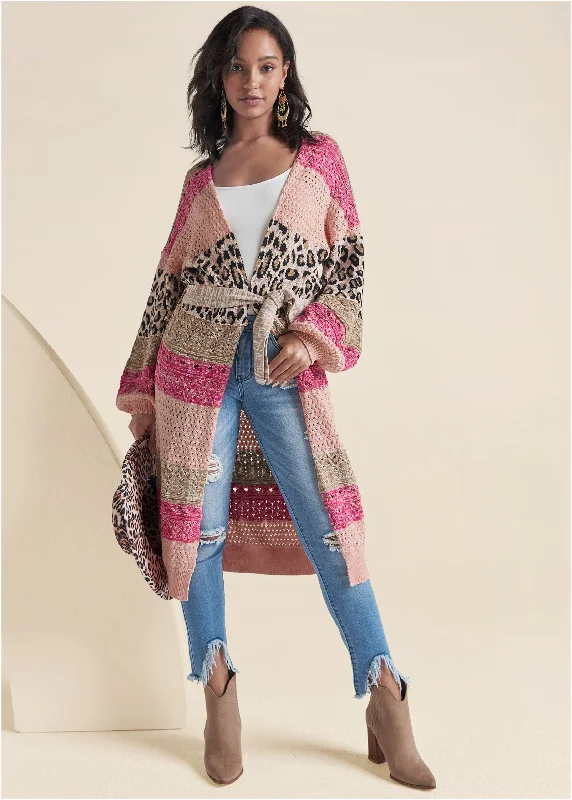 women's sheath dressesMixed Print Belted Duster - Pink Multi