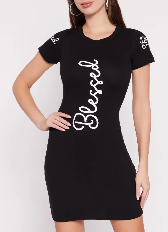 women's curve-hugging dressesBlessed Crew Neck T Shirt Dress