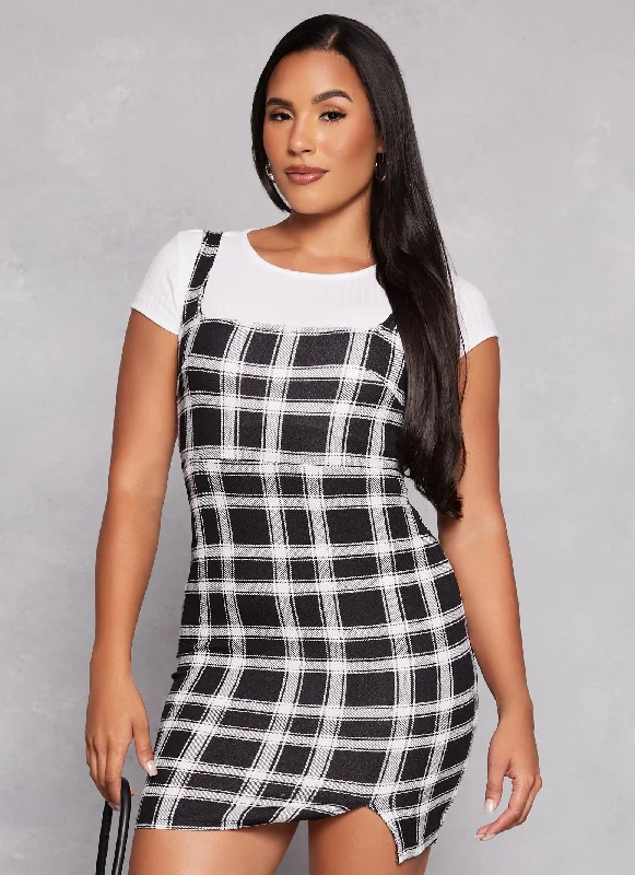 women's designer dressesAlmost Famous Plaid Tank Dress with Tee