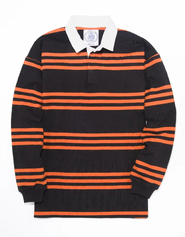 women's velvet dressesCOLLEGE STRIPE RUGBY SHIRT - BLACK/ORANGE