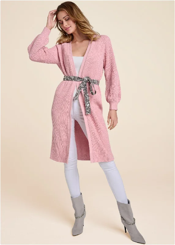 women's bow dressesKnit Duster With Sequin Belt - Pink