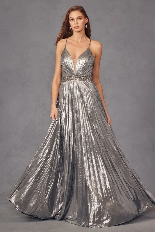 women's metallic dressesJuliet 226 Long Formal Pleated Metallic Prom Dress