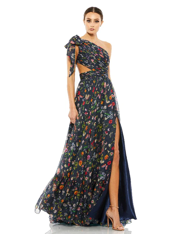 women's flutter-sleeved dressesMac Duggal 67938 Long Floral Print Formal Prom Dress