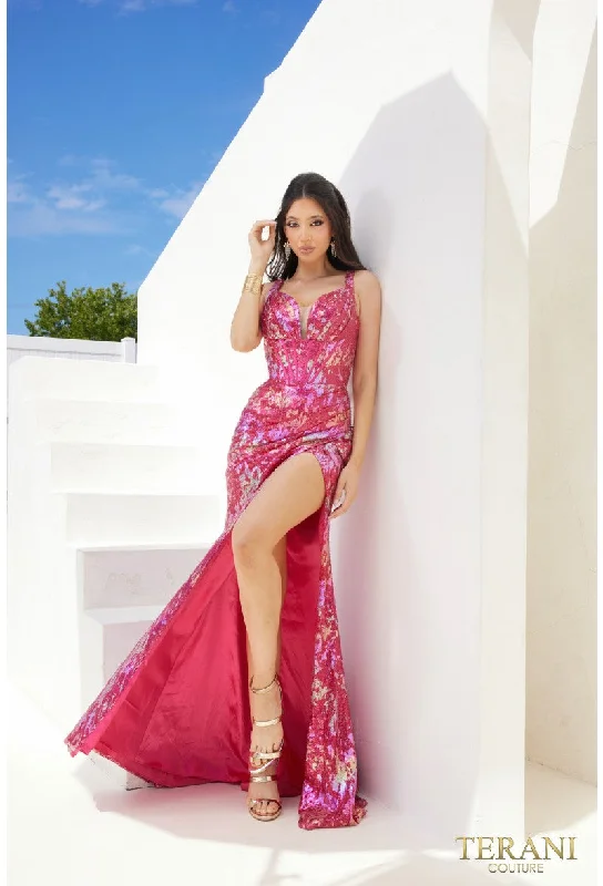 women's bespoke dressesTerani Couture 241P2269 Printed Formal Long Prom Slit Gown